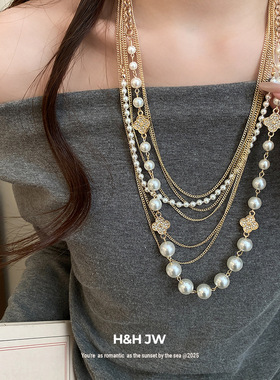 新款欧美多层贝壳流苏项链轻奢小众叠戴高级感锁骨链时尚个性项饰