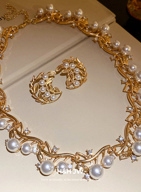 新款镶钻珍珠树枝耳环项链宫廷风气质锁骨链轻奢高级感首饰套装女