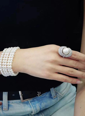 韩国东大门锆石珍珠圆形开口戒指精致超闪指环法式轻奢风气质手饰