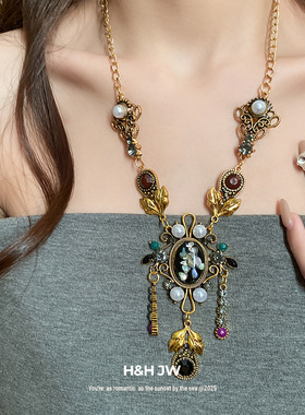 韩国东大门镶钻珍珠贝壳椭圆形吊坠项链中古锁骨链轻奢高级感项饰