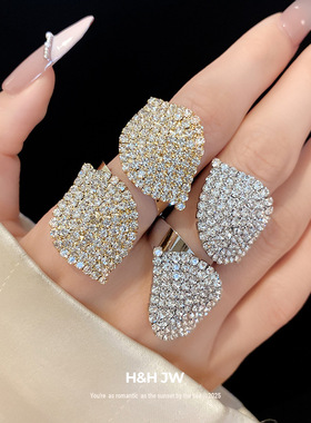 新款镶钻树叶双层简约时尚开口戒指冷淡风食指戒轻奢高级感手饰女