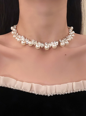 韩国新款法式复古镶钻珍珠项链小众高级感锁骨链轻奢气质百搭饰品