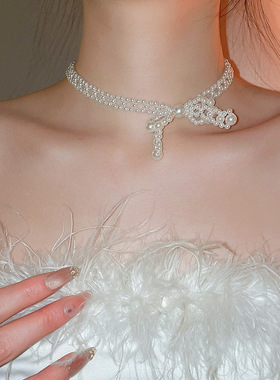 韩国东大门白色珍珠蝴蝶结项链手链温柔淑女优雅气质时尚潮流饰品