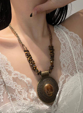 韩国新款串珠椭圆形吊坠项链民族风复古锁骨链轻奢高级感气质项饰