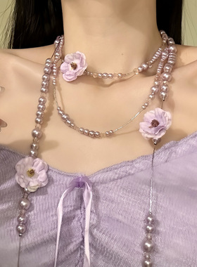 新款法式优雅花朵珍珠项链设计感时尚百搭毛衣链轻奢高级感项饰女