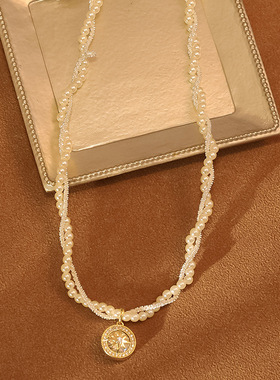 韩国东大门锆石星芒缠绕珍珠项链法式复古气质锁骨链时尚小众项饰