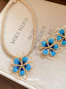 新款绳带滴油花朵吊坠项链复古小众高级感锁骨链夸张个性时尚项饰