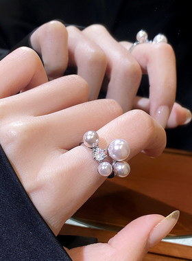 韩国新款锆石珍珠时尚简约开口戒指简约百搭食指戒小众高级感手饰