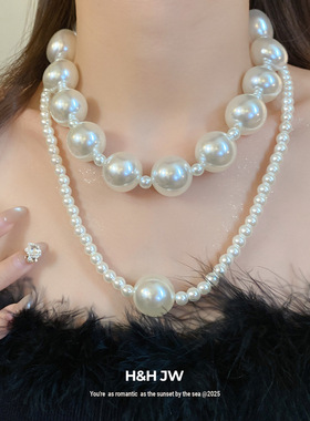 新款双层珍珠串珠吊坠项链法式复古时尚气质锁骨链轻奢高级感项饰