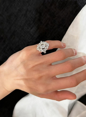 新款镂空锆石椭圆开口戒指时尚精致气质食指戒百搭轻奢高级感手饰