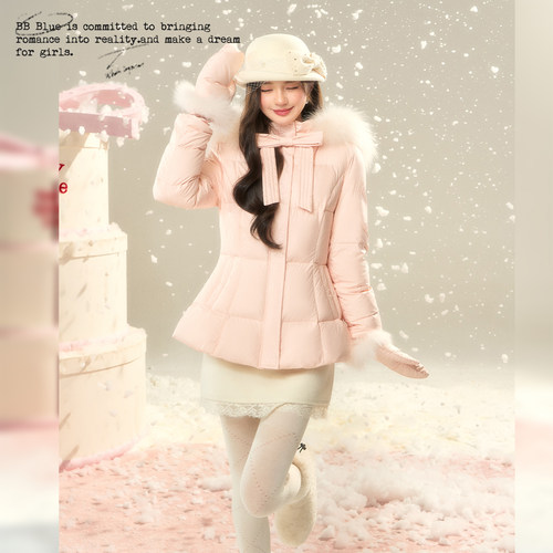 BBBLUE/羽绒腰精/少女感韩系90白鸭绒毛领连帽款收腰显瘦羽绒服女 - 图3