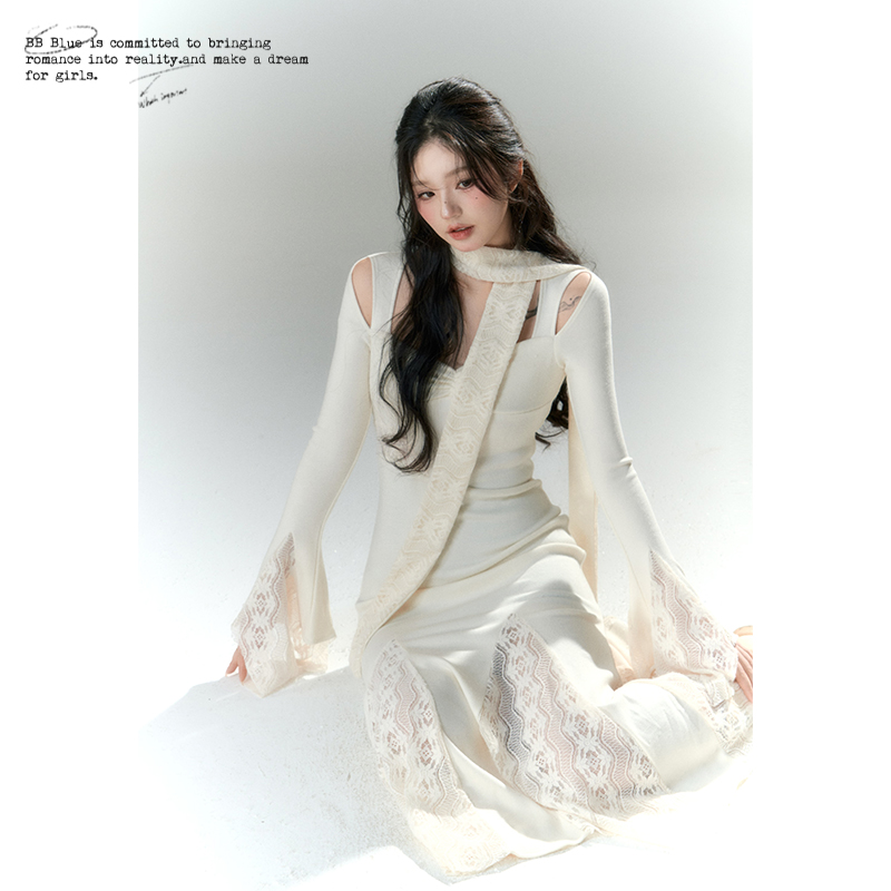 BB BLUE原创设计 新中式喇叭袖鱼尾内搭针织连衣裙秋冬季小众裙子 - 图1