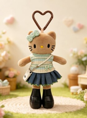 日本正版kt猫公仔玩偶黑皮长腿kitty甜美咖色花边裙包包挂件礼物