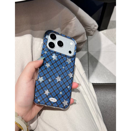 韩系ins风蓝底菱格星星适用苹果18promax手机壳iphone17pro新款16小众15高级感17少女心18全包防摔保护套软壳 - 图0