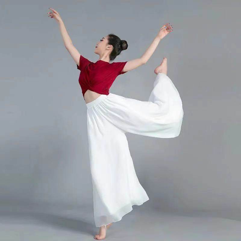 【套装】舞蹈服女打结露脐短袖上衣现代舞民族舞服飘逸雪纺阔腿裤,淘宝优惠券,粉丝福利购,淘宝优惠卷