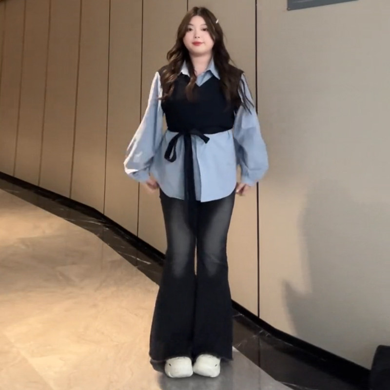 大码微胖mm宽松别致假两件衬衫收腰上衣夏季显瘦百搭气质高腰衬衣,淘宝优惠券,粉丝福利购,淘宝优惠卷