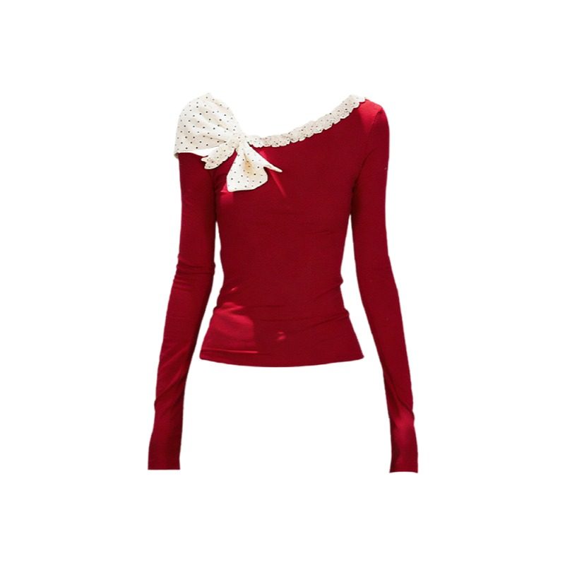 大码拼接波点斜肩长袖T恤冬季胖mm蝴蝶结设计感显瘦气质打底上衣,淘宝优惠券,粉丝福利购,淘宝优惠卷