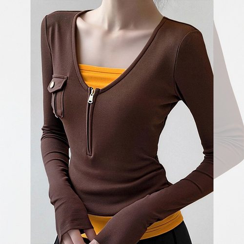 大码假两件拉链显瘦打底衫上衣女秋冬季胖mm修身气质内搭长袖t恤 - 图1