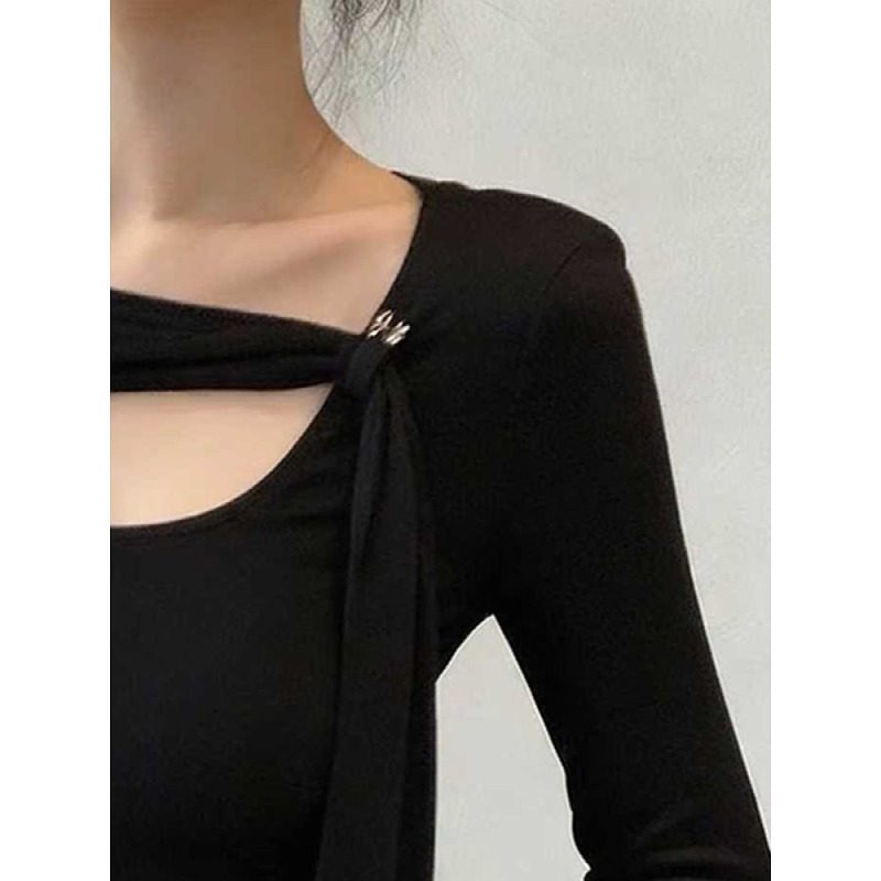 大码胖mm镂空飘带修身长袖T恤女秋冬季内搭设计感甜辣妹气质上衣,淘宝优惠券,粉丝福利购,淘宝优惠卷