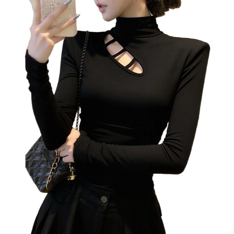 大码胖mm设计感镂空半高领打底衫T恤女秋冬加绒磨毛辣妹长袖上衣,淘宝优惠券,粉丝福利购,淘宝优惠卷