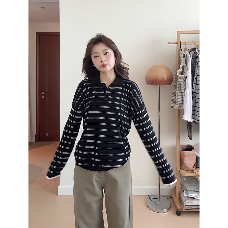 大码胖mm韩系条纹POLO领T恤女早秋季2025新款宽松慵懒风长袖上衣 - 图2