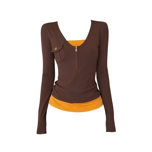 大码假两件拉链显瘦打底衫上衣女秋冬季胖mm修身气质内搭长袖t恤 - 图3