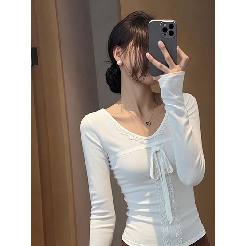 大码纯欲蕾丝蝴蝶结v领打底衫T恤女秋冬胖mm加绒磨毛绝美内搭上衣 - 图1