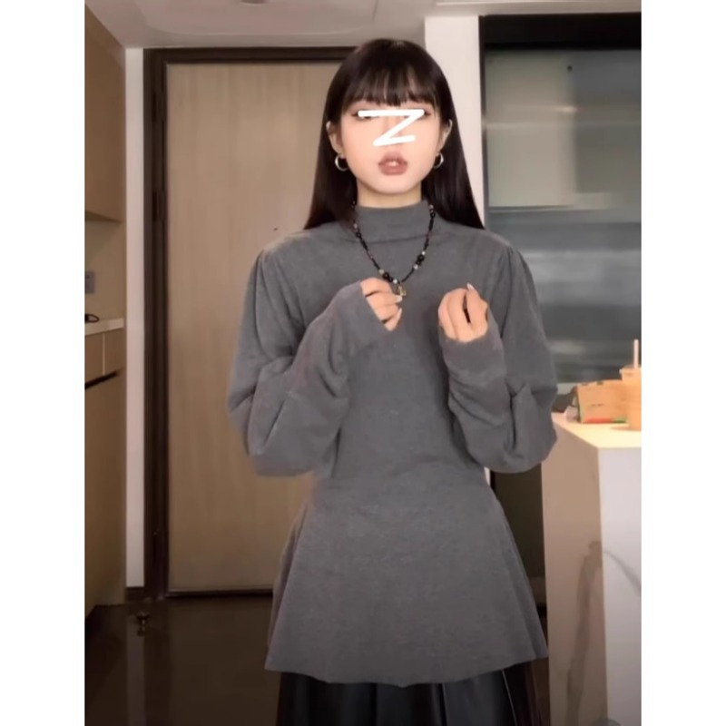 大码胖MM高级感半高领长袖T恤女秋冬新款收腰显瘦纯欲内搭上衣 - 图0