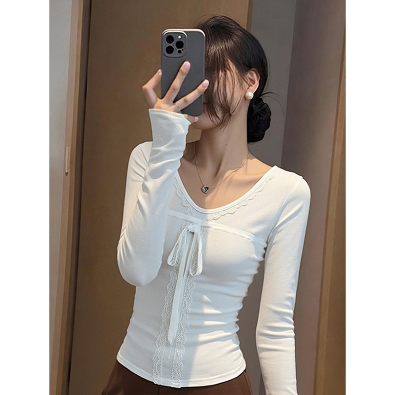 大码纯欲蕾丝蝴蝶结v领打底衫T恤女秋冬胖mm加绒磨毛绝美内搭上衣 - 图2