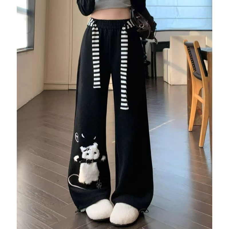 大码美式猫咪加绒加厚休闲卫裤子女装秋冬季新款亚文化阔腿运动裤 - 图2