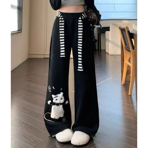 大码美式猫咪加绒加厚休闲卫裤子女装秋冬季新款亚文化阔腿运动裤 - 图2