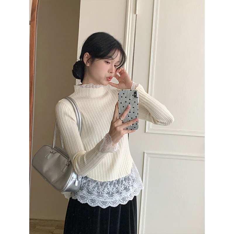 大码蕾丝拼接长袖针织打底衫女秋冬季内搭半高领毛衣百搭显瘦上衣 - 图2