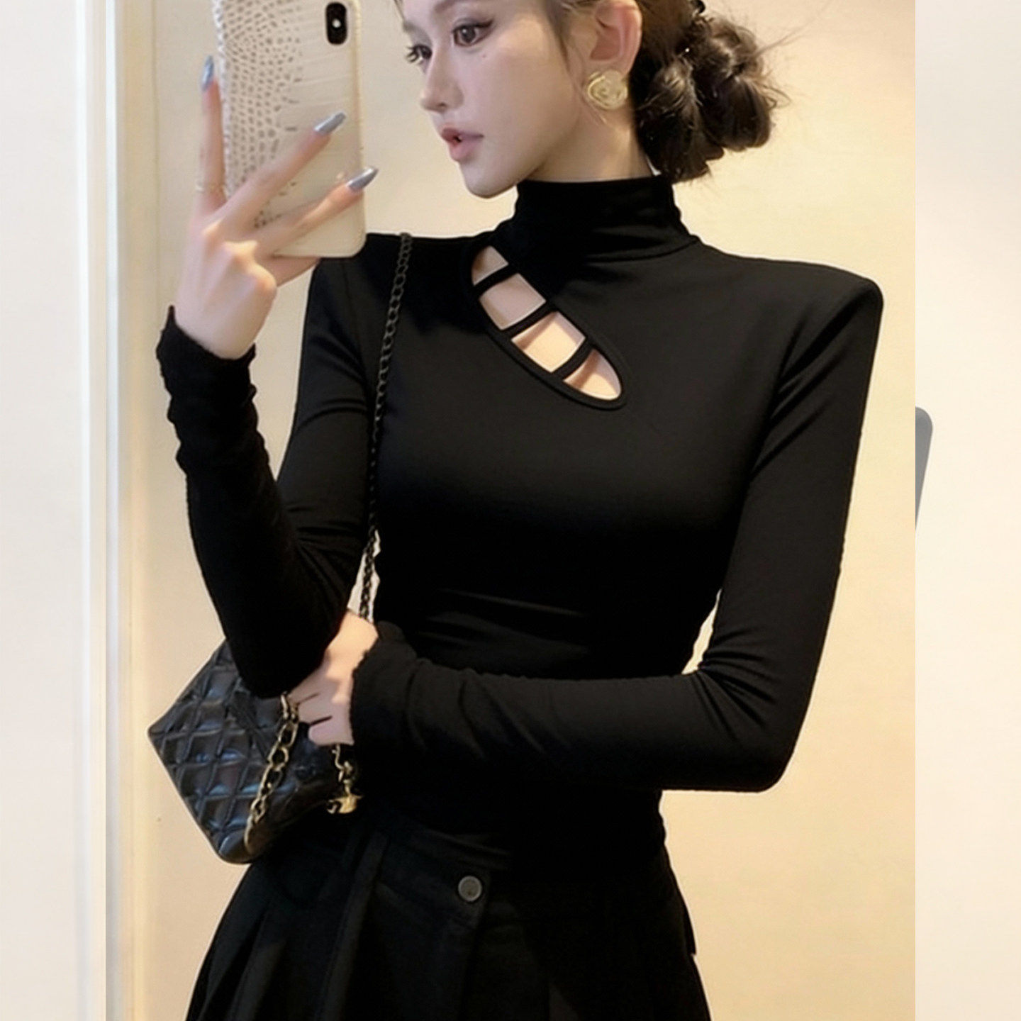 大码胖mm设计感镂空半高领打底衫T恤女秋冬加绒磨毛辣妹长袖上衣,淘宝优惠券,粉丝福利购,淘宝优惠卷