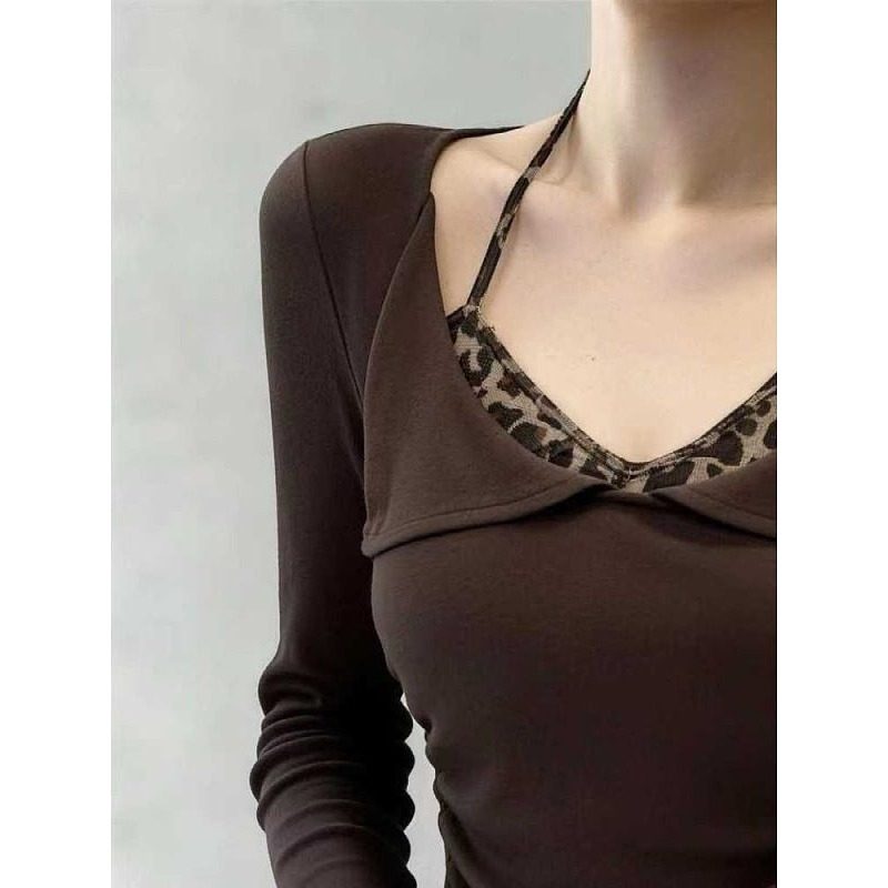 大码胖mm法式复古豹纹挂脖长袖T恤女秋冬显瘦气质内搭打底衫上衣,淘宝优惠券,粉丝福利购,淘宝优惠卷