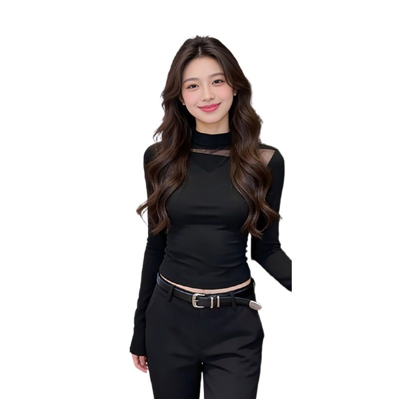 大码黑色半高领网纱拼接长袖女秋冬辣妹镂空打底衫显瘦设计感上衣,淘宝优惠券,粉丝福利购,淘宝优惠卷