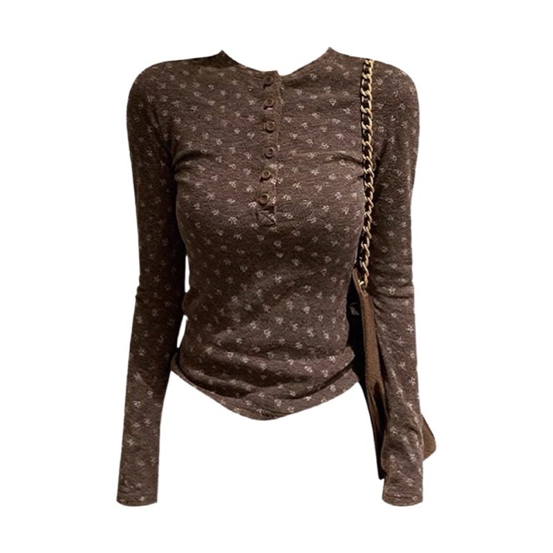 大码亨利领纽扣碎花长袖T恤女秋冬季胖mm显瘦气质绝美打底衫上衣,淘宝优惠券,粉丝福利购,淘宝优惠卷