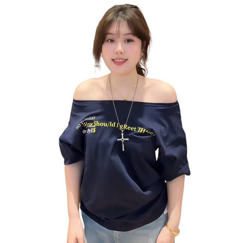 大码女装复古字母斜肩短袖T恤夏季微胖mm设计感小众宽松显瘦上衣 - 图3