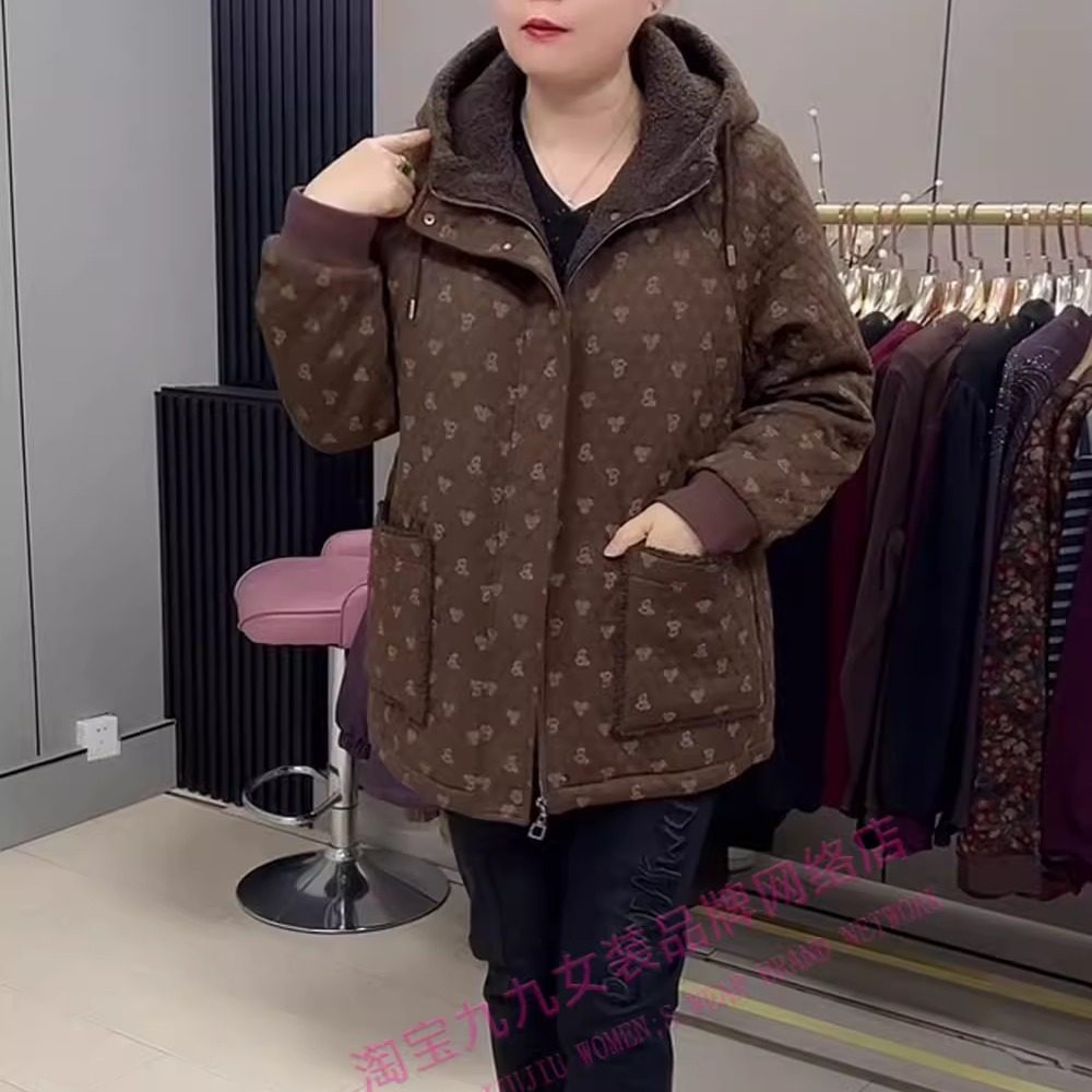韩版连帽中老年妈妈棉服过冬大码休闲印花宽松百搭休闲保暖外套,淘宝优惠券,粉丝福利购,淘宝优惠卷