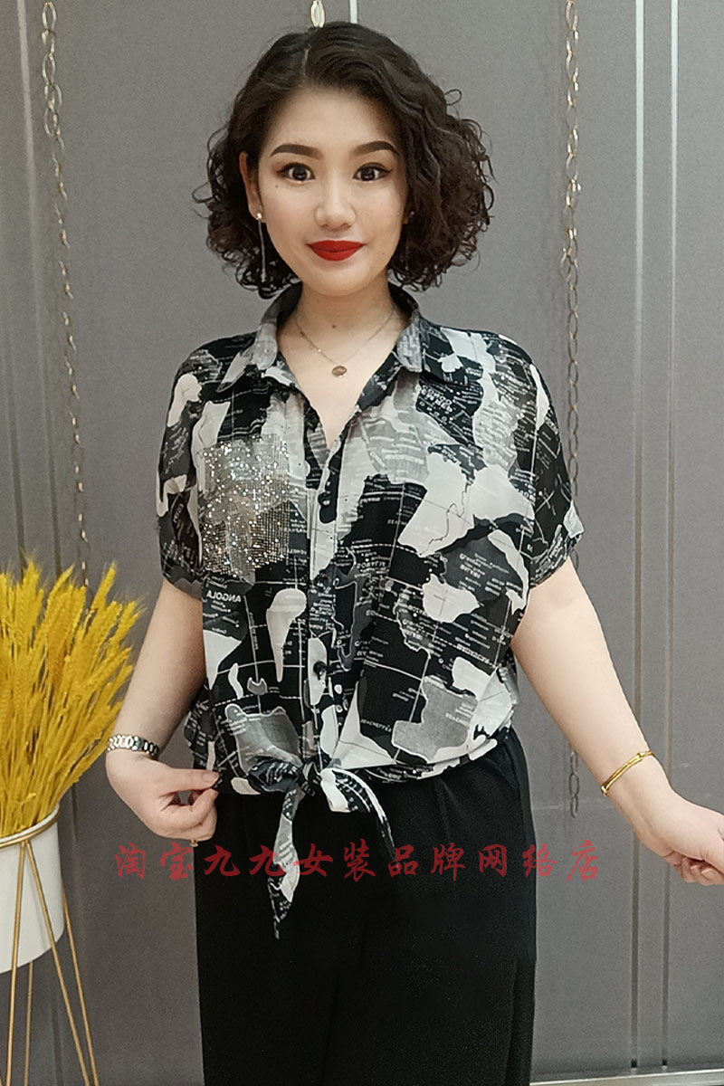 短袖妈妈雪纺衬衫女士2022夏装新款花色单排扣宽松时尚显瘦小衫