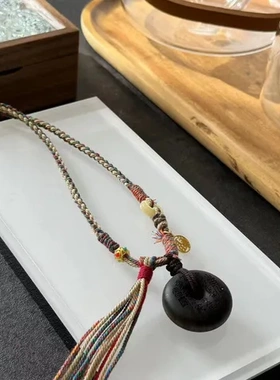 编织绳山吊坠复古项链手搓棉线花钱新中式小平安扣沉香编织