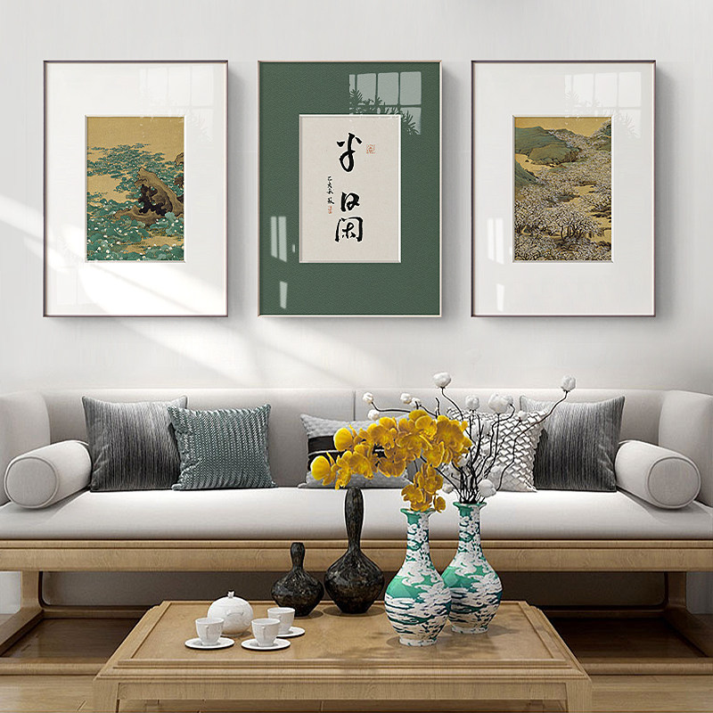 花逐水新中式禅意茶室装饰画绿色壁画水墨字画挂画书房墙画_虎窝淘