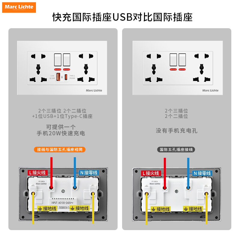 20W快充插座Type-C口146型暗装面板多功能双五孔十孔带USB英标仟 - 图2