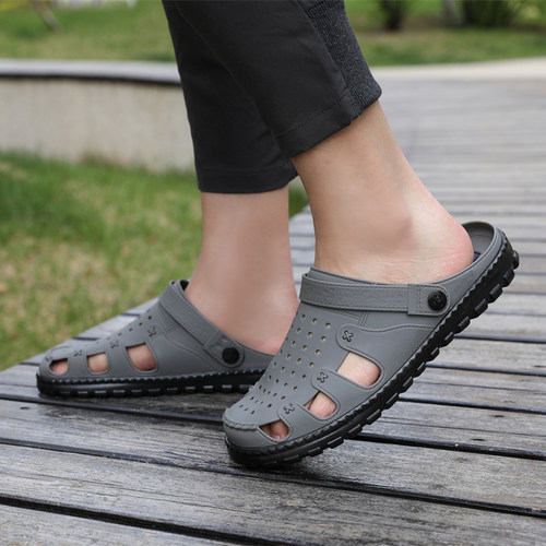 上海巨力凉鞋男夏季日常休闲镂空防滑软底透气包头大码沙滩洞洞鞋 - 图0