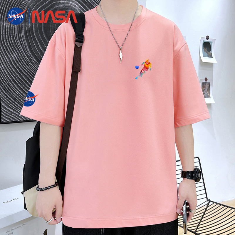 2件】NASA夏季100%纯棉短袖T恤男胖子休闲宽松大码体恤学生半袖衣-图2