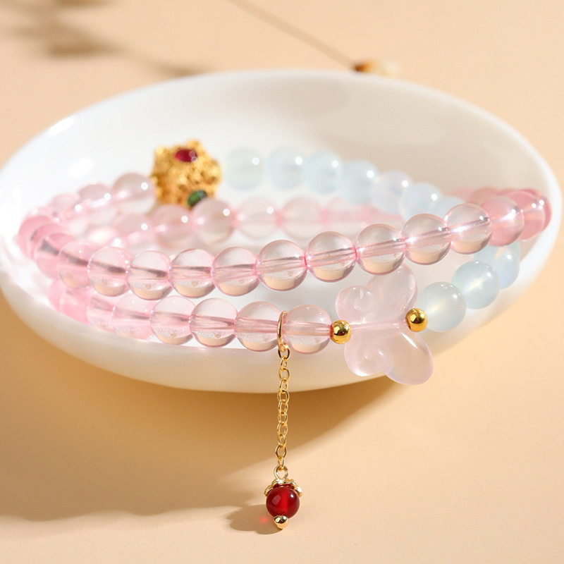 【佛糖】天然水晶莫桑粉晶海蓝宝双圈手链小清新甜美原创手串,淘宝优惠券,粉丝福利购,淘宝优惠卷