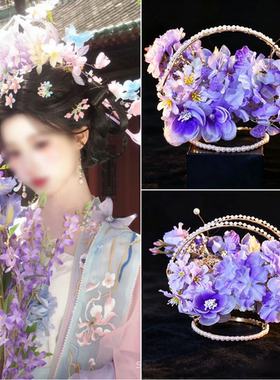 新品原创宋制绢花双面花冠头饰古风汉服发饰花仿珍珠花冠山口冠