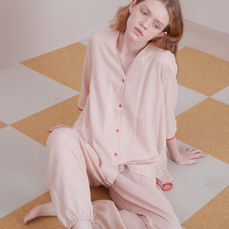 朵朵可可睡衣女2025春秋新款纯棉柔软提花七分袖长裤家居服套装 - 图1