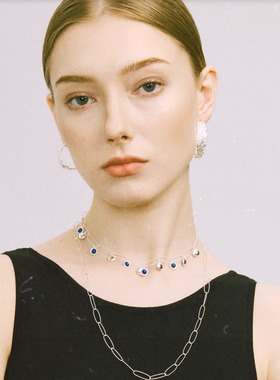 QuriouStone 锤纹钻切青金石满天星项链叠戴锁骨链925纯银 高级感