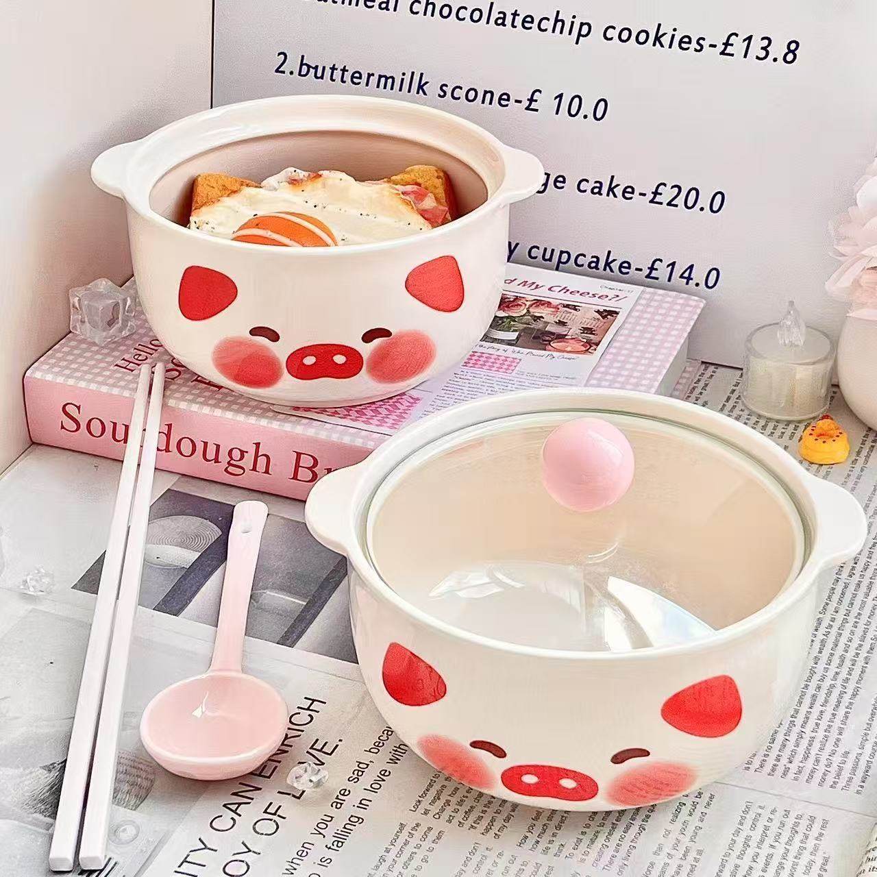 高级卡通可爱小猪猪陶瓷泡面碗带盖勺少女心双耳防烫高颜值大容量,淘宝优惠券,粉丝福利购,淘宝优惠卷