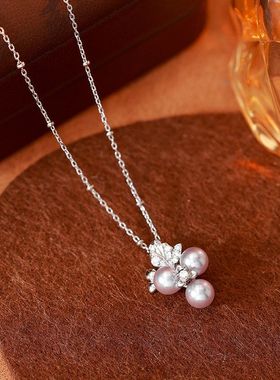 银色微镶葡萄珍珠项链女耳饰秋冬耳钉轻奢高级感锁骨链饰品套装